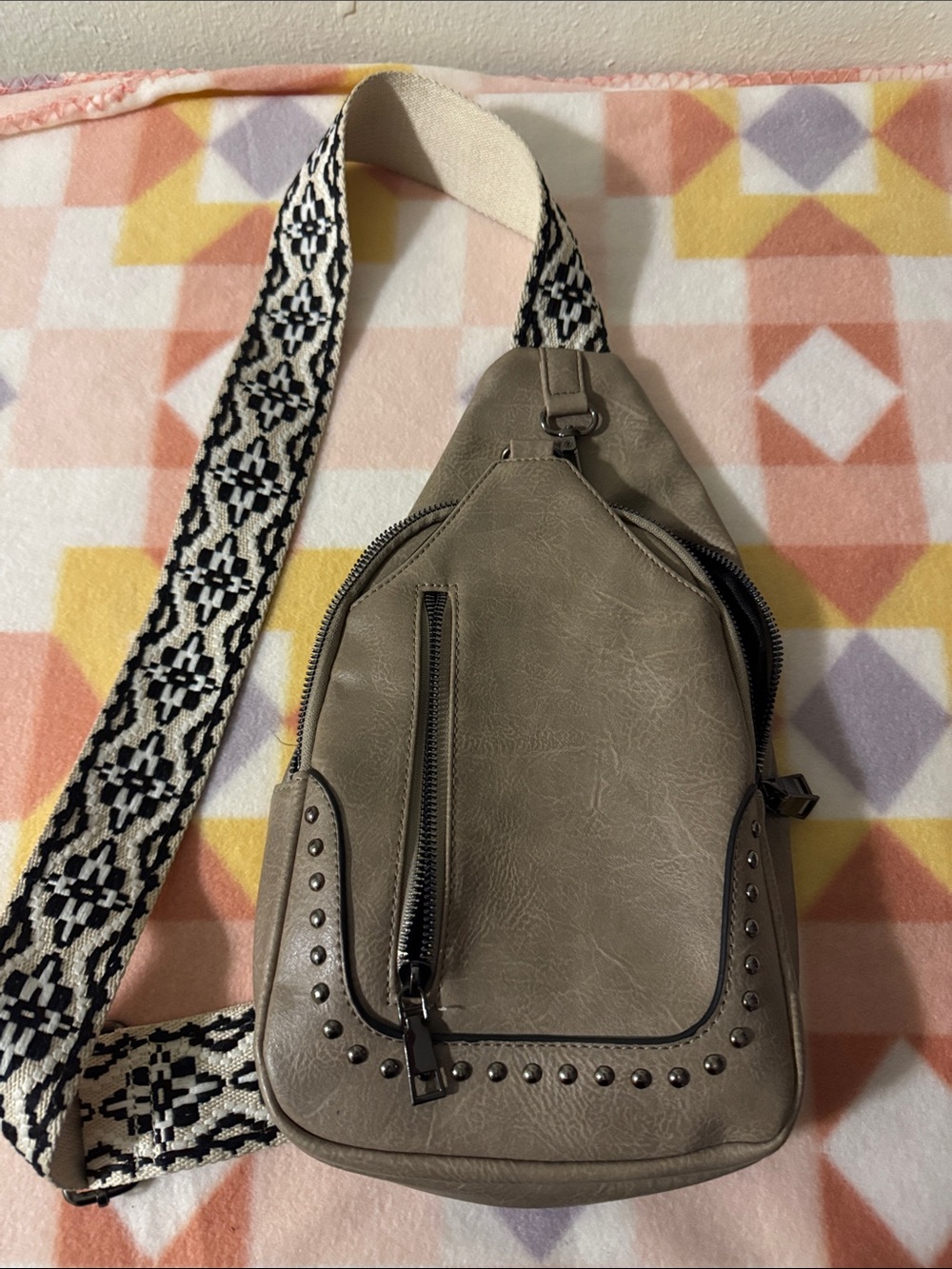 Neutral Taupe Crossbody Sling Bag with Stud Accents-Sam & Hadley EUC